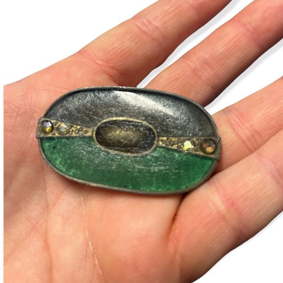 Vintage Deco Era Metal Enamel Overlay Brooch Pin, oval green grey rhinestones ge - Picture 3 of 3